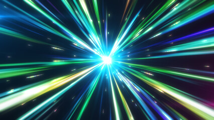 放射状に広がるカラフル光線の集中線背景 / スピード感ある光エフェクト素材