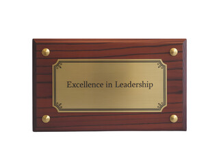 Excellence in Leadership is engraved on a distinguished award plaque with a refined wooden base and elegant gold accents, transparent background