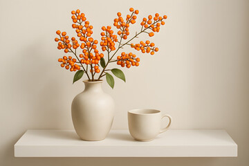 Minimalist still life of a ceramic vase with orange berries and a cup on a white shelf.