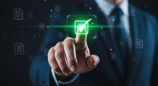 Businessman's hand presses a virtual button on a digital touchscreen, illustrating a future concept of technology and communication