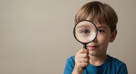 Young boy smiling while holding magnifying glass against wall