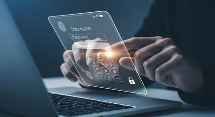 Businessman's hands typing on a laptop keyboard, engaging in online shopping and banking through internet technology on the computer screen