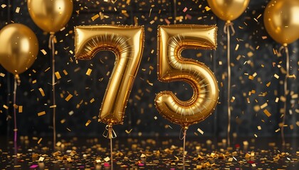 Gold balloons with number 75 and confetti for a 75th anniversary or birthday celebration.