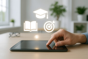 Hand interacting with a tablet displaying educational icons, representing digital and online learning.