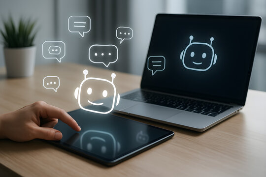A digital interface with chatbot icons on a tablet and laptop screen, representing AI technology in communication. - Powered by Adobe