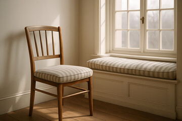 Cozy corner with a wooden chair and a cushioned window seat bathed in natural light.
