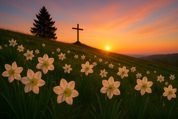 Beautiful sunset over a field of white flowers with a cross on a hill.