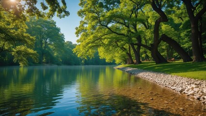 Lush green trees along a calm river with clear water and pebbled bank, natural landscape, serenity, and outdoor scenery.