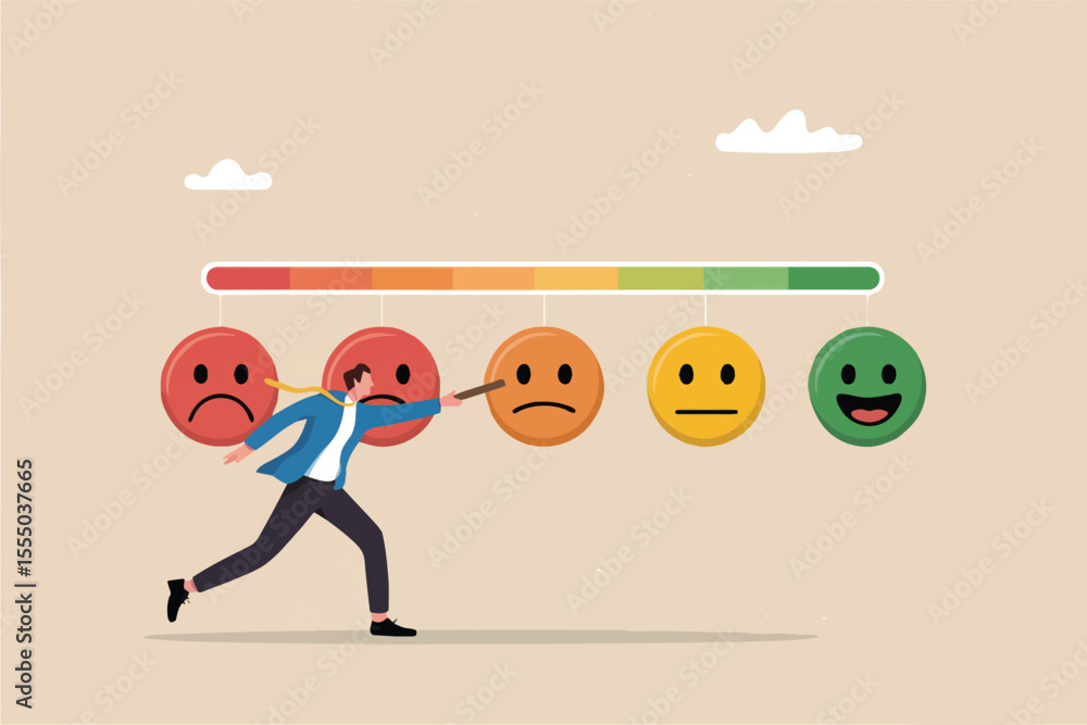 Poster printcustomer satisfaction rating scale with a man adjusting the slider isolated on transparent back