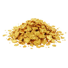 A close-up view of a pile of gold flakes on a plain background, showcasing their shiny texture