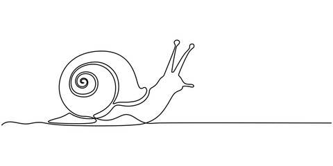 Snail continuous one line drawing isolated on white background best use for logo banner minimalism, Elegant Continuous Line Drawing of a Snail Shell Gastropods Mollusk Illustration, One single line