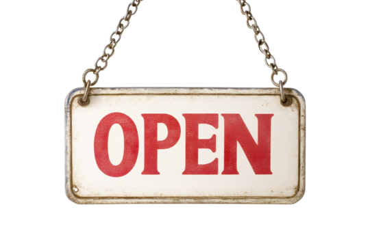 Open sign hanging from chain indicating business availability during the day