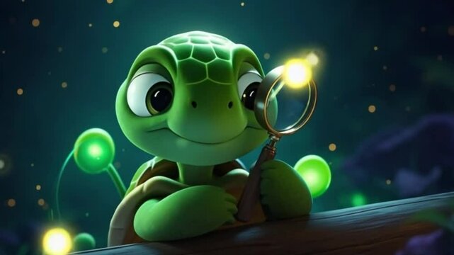 Alien frog character on a green alien planet floating in space with a UFO and stars in a cute cartoon style illustration