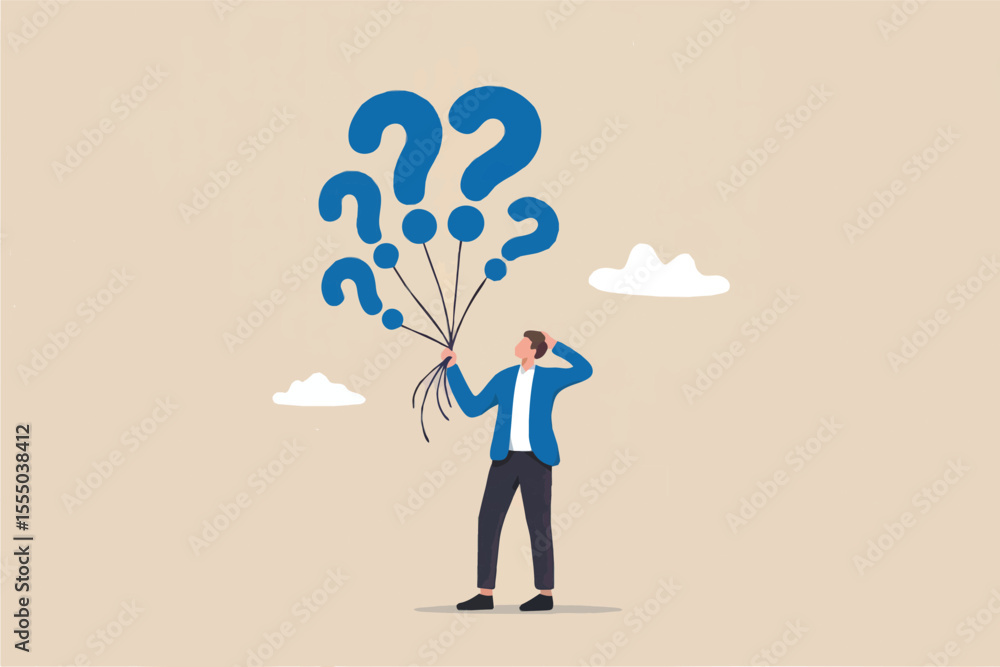 Poster confused businessman holding balloons with question marks isolated on transparent background