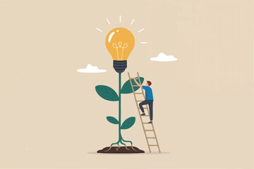 Man climbing a ladder to a growing light bulb plant isolated on transparent background © gfxshakib2023