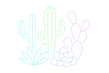 Fototapeta premium Neon pastel outlines highlighting desert plant silhouettes - cacti and succulents forming graphic landscape with transparent background for modern southwestern design styling