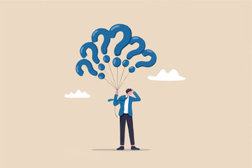 Confused businessman holding question mark balloons isolated on transparent background