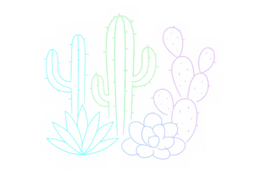 Neon pastel outlines highlighting desert plant silhouettes - cacti and succulents forming graphic landscape with transparent background for modern southwestern design styling - Powered by Adobe