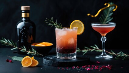 A cocktail with lemon garnish, a bottle, and glasses on a dark surface with botanicals and fruit slices, creating a stylish drink scene.