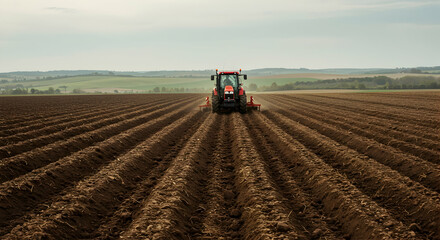 Modern Tractor Cultivating Vast Agricultural Field in Springtime Rural Landscape