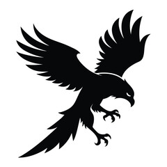 Naklejka premium Black Silhouette of a Hawk in Flight Powerful Wings Talons Sharp Beak Bird of Prey Soaring