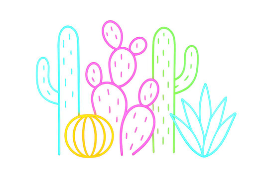 Vibrant neon desert plants and succulents glowing against transparent backdrop, highlighting botanical luminescence with modern graphic style