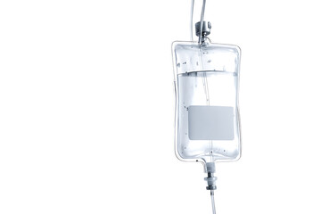 IV bag hanging against a black background.
