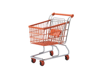 Shopping cart miniature, showcasing a vibrant orange color, resting on a transparent background suitable for retail or advertising purposes.