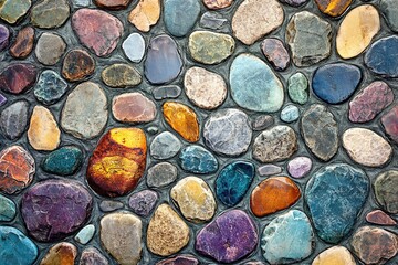 The stone wall background is made of natural rocks and has an aged texture with various colors
