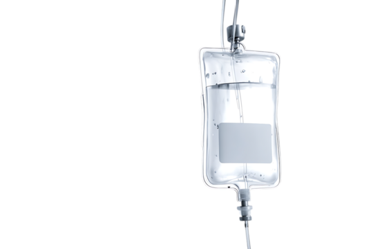 IV bag hanging against a black background.