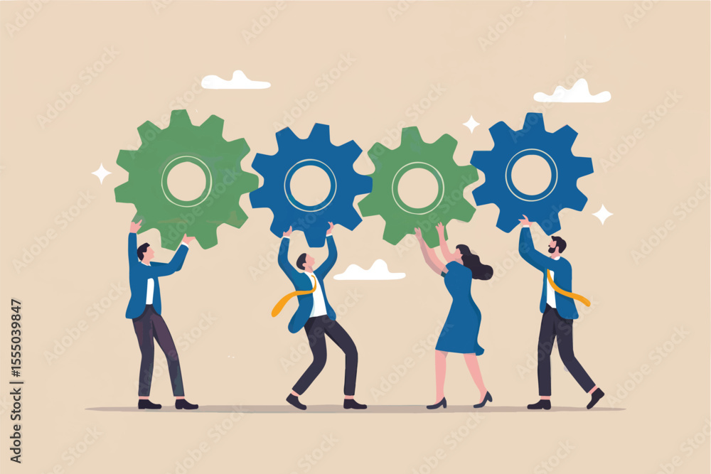 Poster teamwork and collaboration with gears isolated on transparent background