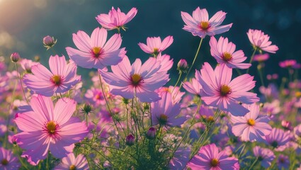 Pink flowers blooming in sunlight, with a soft focus and bokeh background. Nature and floral scene. The beauty of flowers and natural environment.