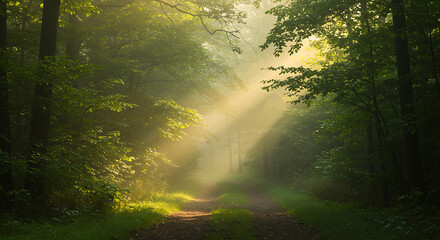 Obraz premium Sunbeams Illuminating a Misty Forest Path A Serene Nature Escape