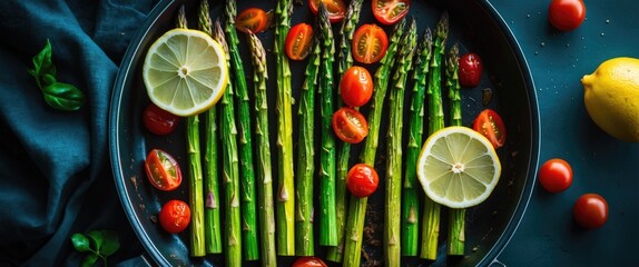 Fresh asparagus and cherry tomatoes in a skillet with lemon slices, surrounded by lemons and cherry tomatoes on a dark background.