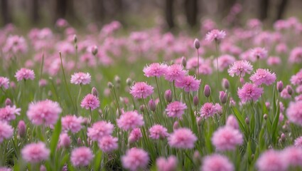 Fototapeta premium Pink flowers in a field with lush green grass and trees in the background. Nature, blooming, summer, and garden.