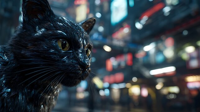 Cyberpunk City Cat: Black Cat in Neon Cityscape