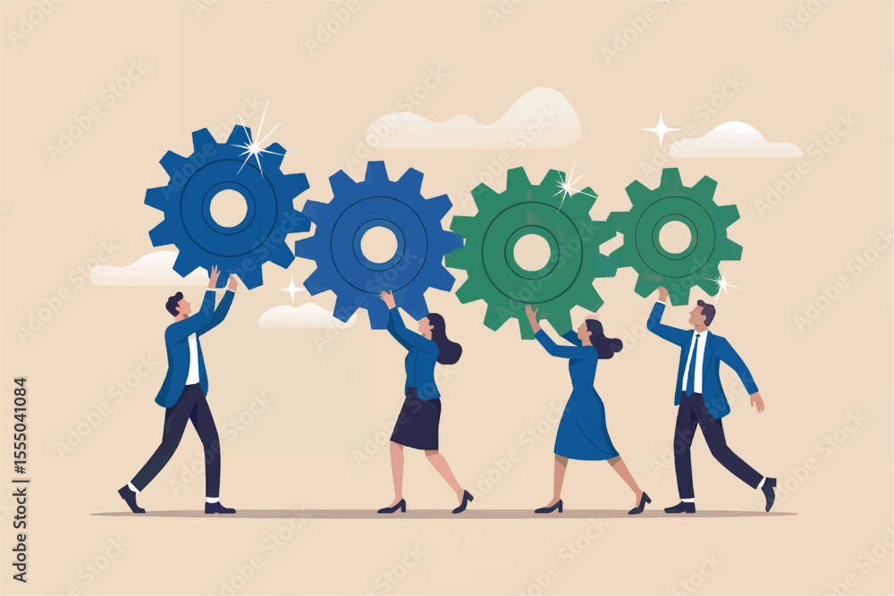 Poster teamwork and collaboration with gears isolated on transparent background