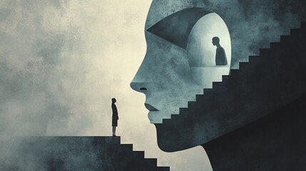 A large, abstract face with stairs leading to a smaller, shadowed figure