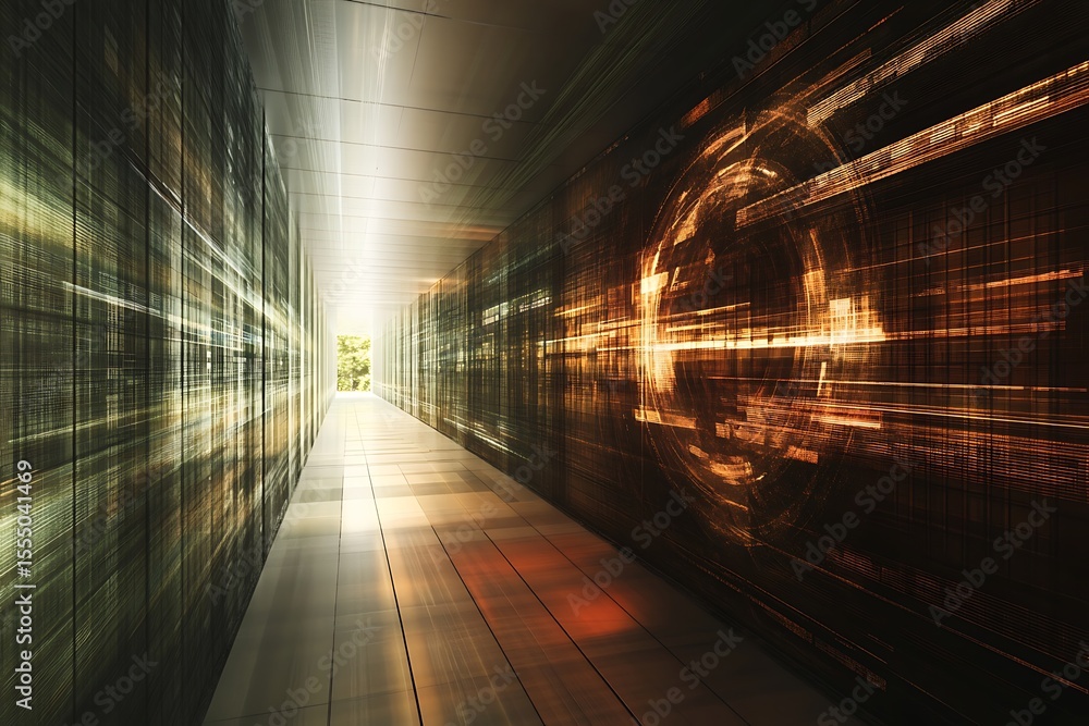 Poster abstract technology corridor with light streaks and geometric patterns, futuristic design