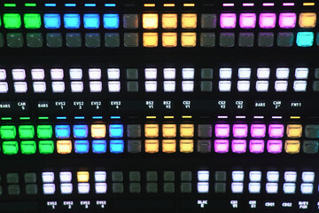 Close-up of Professional Video Switcher Console Buttons in Broadcast Studio