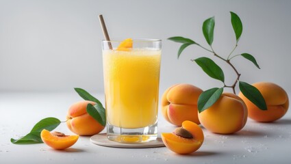 Fresh apricot juice with whole and sliced apricots and green leaves on a white surface.