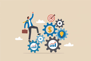 Businessman climbing gears towards success isolated on transparent background