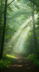 Fototapeta premium Enchanted Forest Path Sunbeams Through Misty Woods