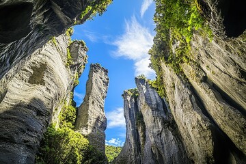 The registration photo of the crystalline rock formations is shot horizontally at a low angle