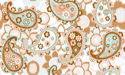 Seamless French blue farmhouse ikat paisley linen textured background. seamless ikat paisley pattern on beige and blue paisley and flower, vector illustration