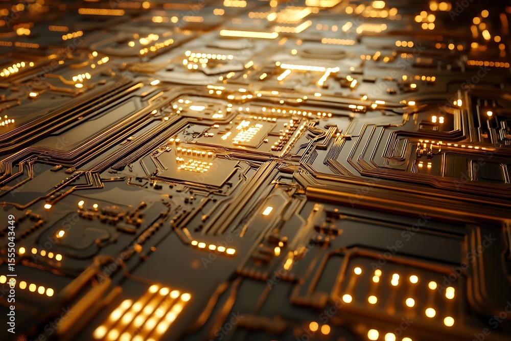 Aufkleber illuminated circuit board with golden traces and glowing components for technology projects