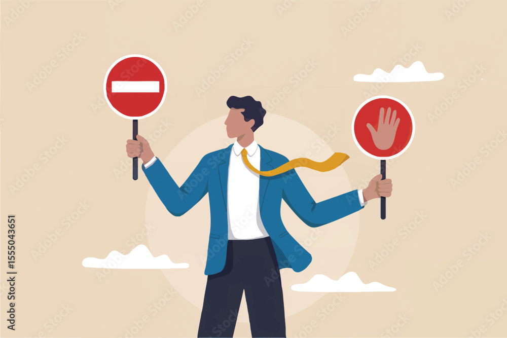Poster man holding stop and do not enter signs isolated on transparent background