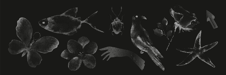Grunge vintage collection of photocopy halftone elements in Y2K aesthetic.graphic tattoo.Gothic punk poster.Trendy elements with retro effect.
