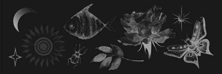 Grunge vintage collection of photocopy halftone elements in Y2K aesthetic.graphic tattoo.Gothic punk poster.Trendy elements with retro effect.