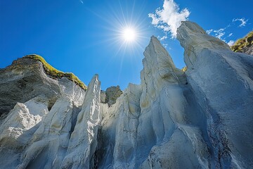The registration photo of the crystalline rock formations is shot horizontally at a low angle